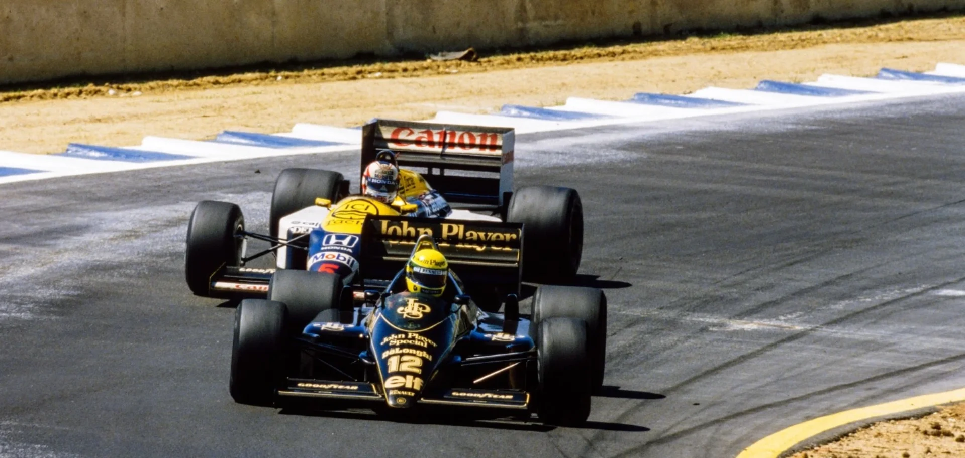 Duel intense entre Nigel Mansell (Williams) et Ayrton Senna (Lotus) pour la victoire au Grand Prix d'Espagne 1986 de Formule 1